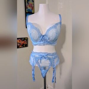 Honey Birdette Anabelle Sky Blue Gingham Lingerie 3 Piece Set